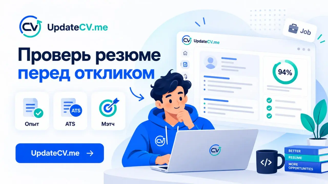 Перед тем как отправлять ещё 30 откликов, проверьте три вещи:
Понятно ли описан опыт?
Нормально ли резюме читается ATS?
Подходите ли вы под конкретную вакансию?
Всё это можно проверить в UpdateCV.me | Сетка — социальная сеть от hh.ru
