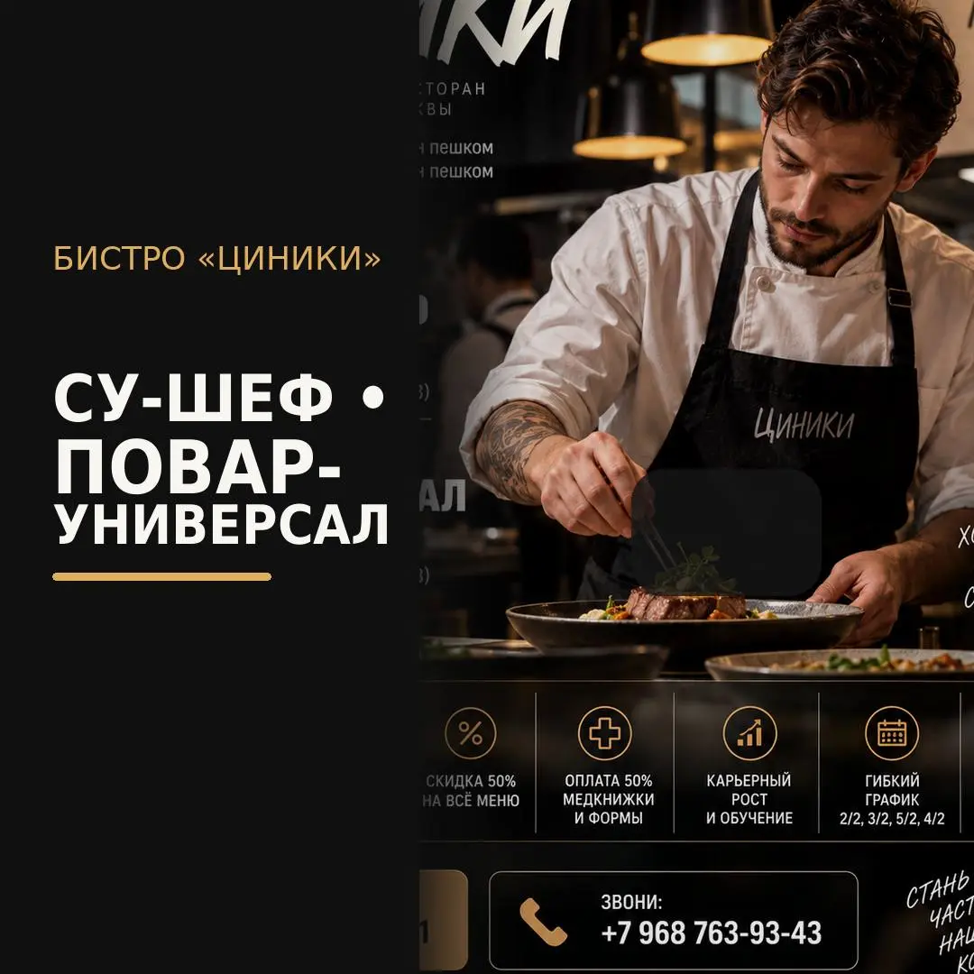 1️⃣СУ-ШЕФ - от 6000₽/смена
2️⃣ПОВАР-УНИВЕРСАЛ - от 5280₽/смена
Бистро «ЦИНИКИ»
• Москва, м. Маяковская | Пушкинская
• Рестораны/Кафе
• +79687639343
Полное описание вакансии размещено в Телеграм и Макс | Сетка — социальная сеть от hh.ru