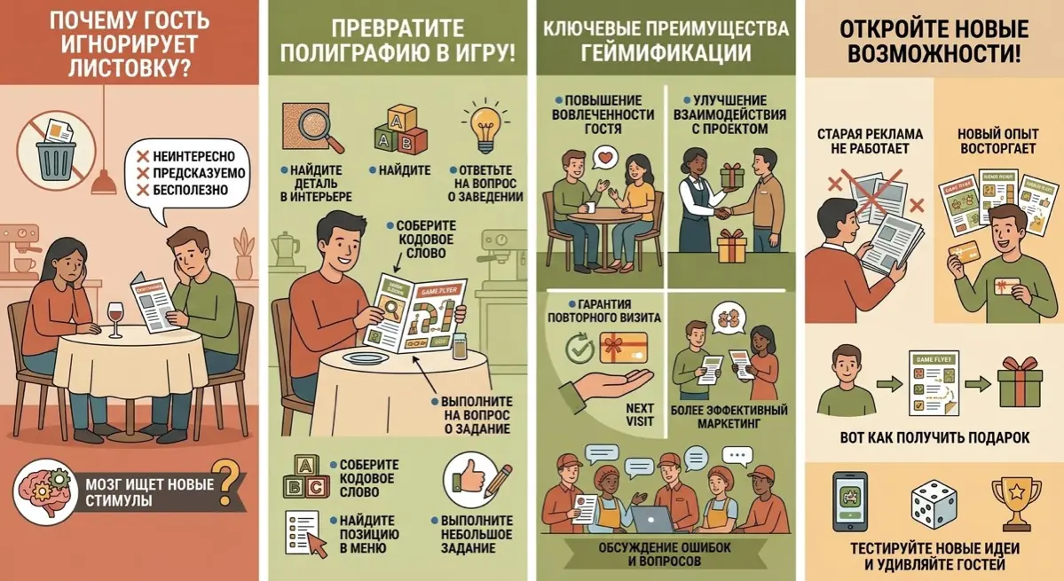 Игровые механики повышают вовлеченность гостей. Идеи для листовок:
1. Фото-челлендж: фото с элементом интерьера или блюдом в соцсетях с хэштегом заведения.
2 | Сетка — социальная сеть от hh.ru