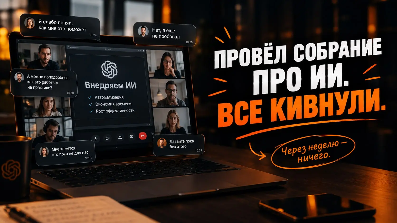 Провёл собрание про ИИ, все кивнули, но через неделю ничего не изменилось❓
Это повторяется на каждом обучении: объясняешь команде, что ChatGPT может автоматизировать рутину, люди слушают, кивают, неко... | Сетка — социальная сеть от hh.ru