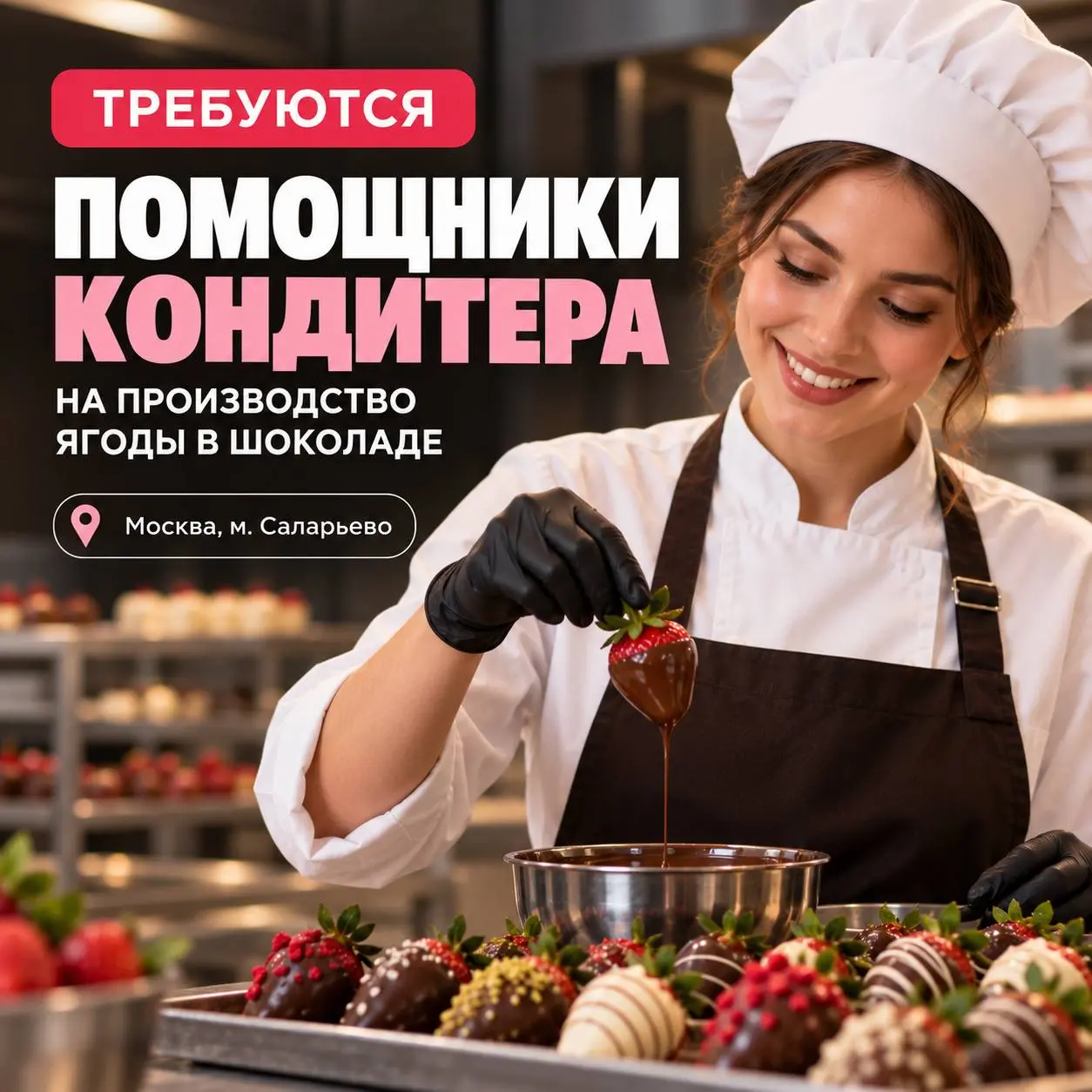 ПОМОЩНИК КОНДИТЕРА
4 500₽/дневная смена
5 000₽/ночная смена
Производство ягоды в шоколаде
• Москва, м. Саларьево
• Рестораны/Кафе
• +79261374434
Полное описание вакансии размещено в Телеграм и Макс | Сетка — социальная сеть от hh.ru