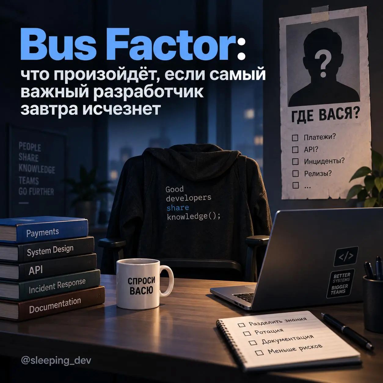 Bus Factor: что произойдёт, если самый важный разработчик завтра исчезнет
В команде есть разработчик, который знает всё про платежи.
Любой сложный баг идёт к нему.
Любое изменение API ревьюит он | Сетка — социальная сеть от hh.ru