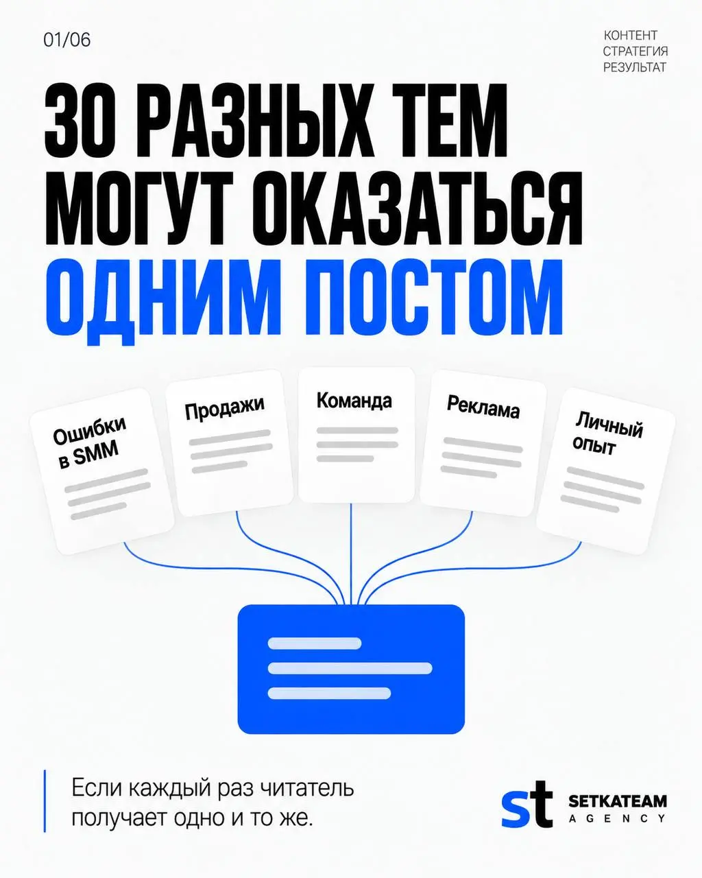 У вас может быть 30 разных тем в контент-плане и один пост, повторённый 30 раз
🗣На бумаге всё выглядит разнообразно: сегодня разбираем ошибку, завтра говорим про продажи, послезавтра — про команду | Сетка — социальная сеть от hh.ru