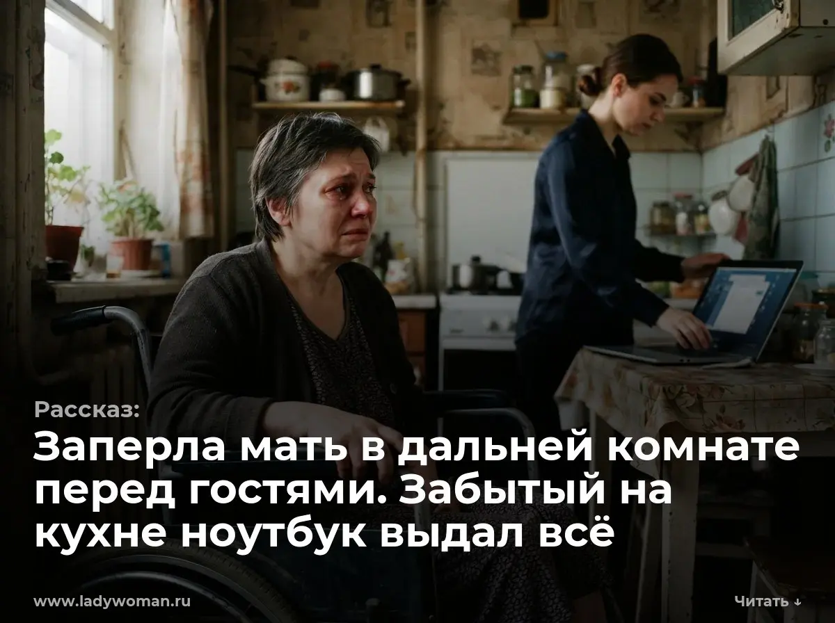 Заперла мать в дальней комнате перед гостями. Забытый на кухне ноутбук выдал всё
— Мам, ты только за стол не выкатывайся, ладно? — Алина брезгливо пнула колесо инвалидной коляски | Сетка — социальная сеть от hh.ru