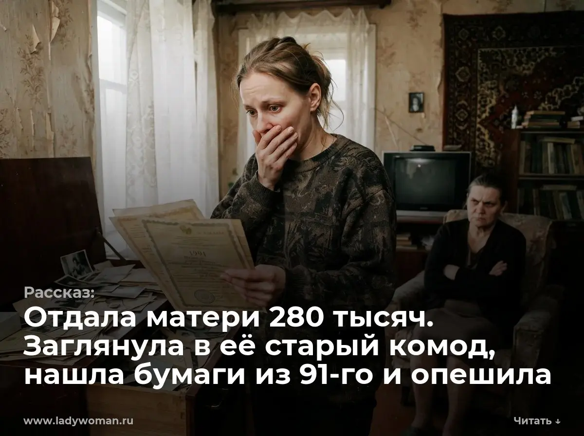 Отдала матери 280 тысяч. Заглянула в её старый комод, нашла бумаги из 91-го и опешила
— Ты перевела задаток за санаторий? — голос матери в трубке звучал глухо, с характерной требовательной интонацией | Сетка — социальная сеть от hh.ru