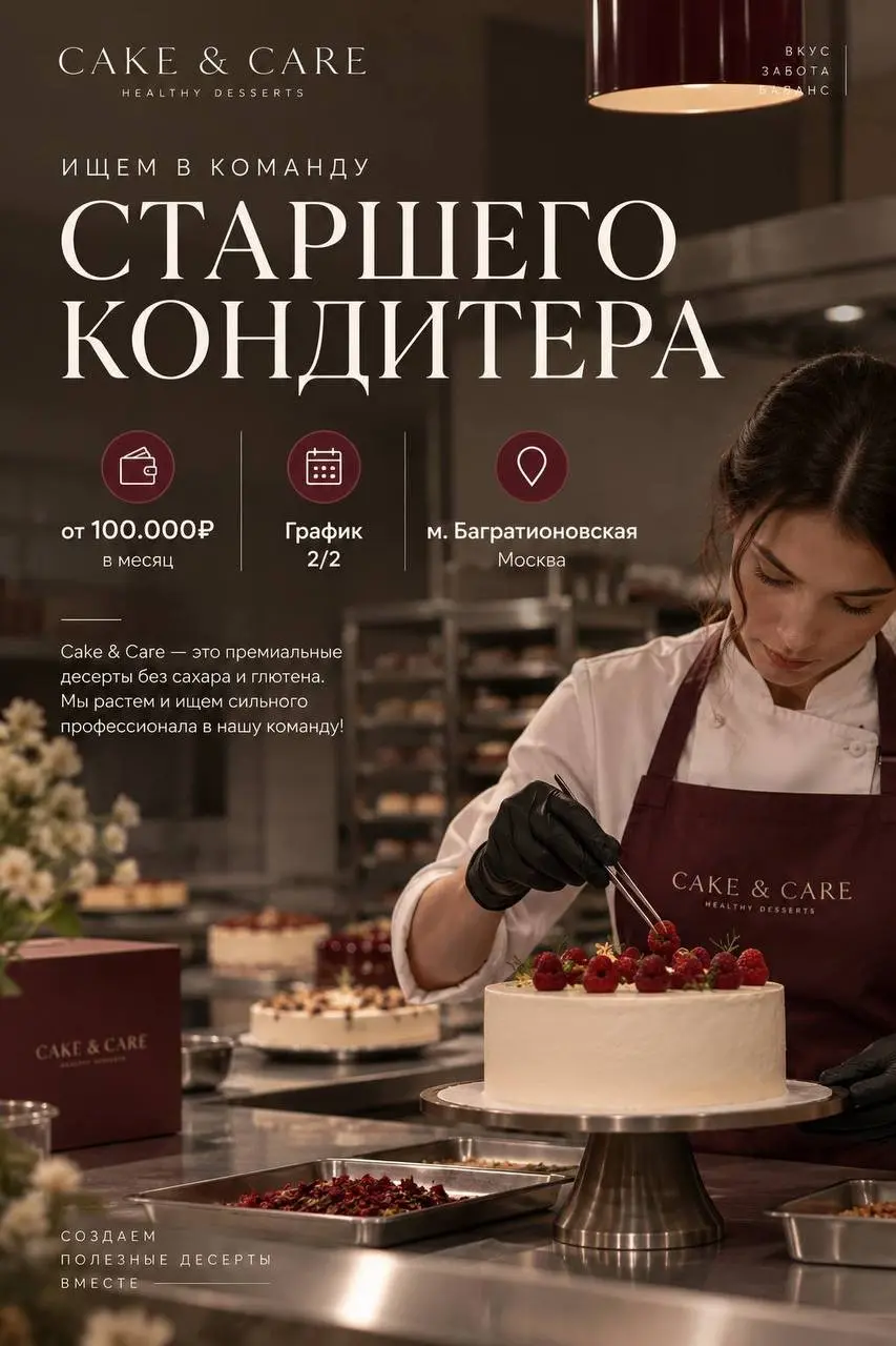 СТАРШИЙ КОНДИТЕР
От 6 600₽/смена
Cake & Care
• Москва, м. Багратионовская, ул. Барклая, 7к4
• Рестораны/Кафе
• @mariamari727
Полное описание вакансии размещено в Телеграм и Макс | Сетка — социальная сеть от hh.ru