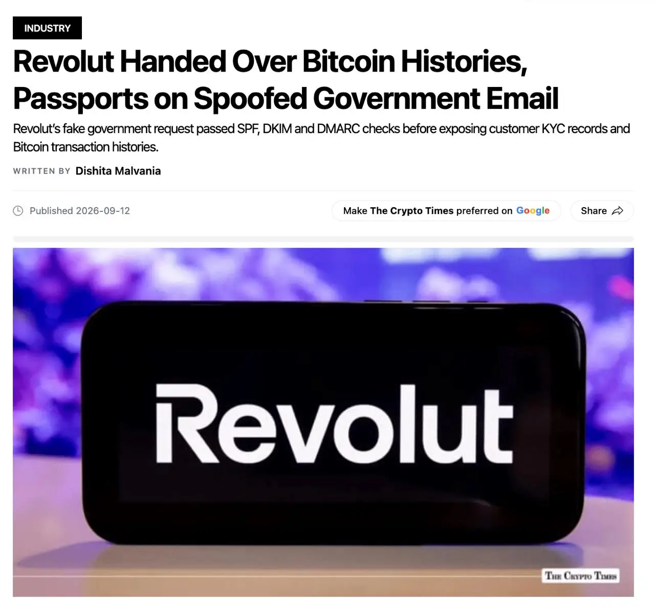 Смешно и ужасно: онлайн-банк Revolut раскрыл данные клиента по поддельному запросу.
Мошенники использовали почтовый ящик на настоящем госдомене, и запрос был воспринят как настоящий | Сетка — социальная сеть от hh.ru