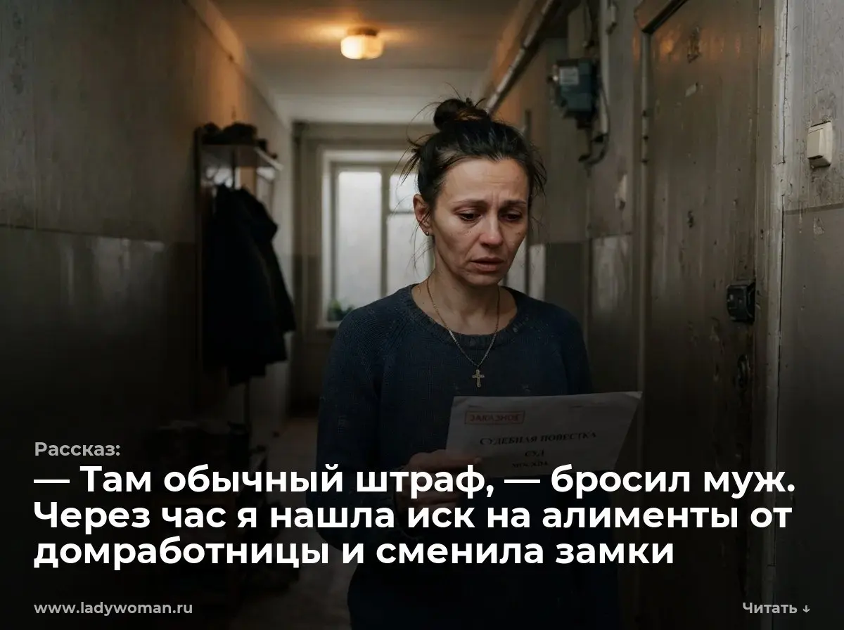— Там обычный штраф, — бросил муж. Через час я нашла иск на алименты от домработницы и сменила замки
— Распишитесь, заказное с уведомлением, — женщина в синей форме сунула мне извещение | Сетка — социальная сеть от hh.ru