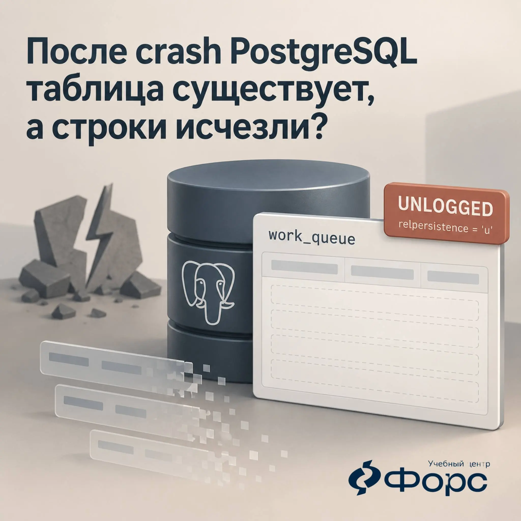 🛠️ После crash PostgreSQL таблица существует, а строки исчезли?
Проверьте, не была ли она:
CREATE UNLOGGED TABLE ...
Для UNLOGGED это может быть ожидаемым поведением | Сетка — социальная сеть от hh.ru