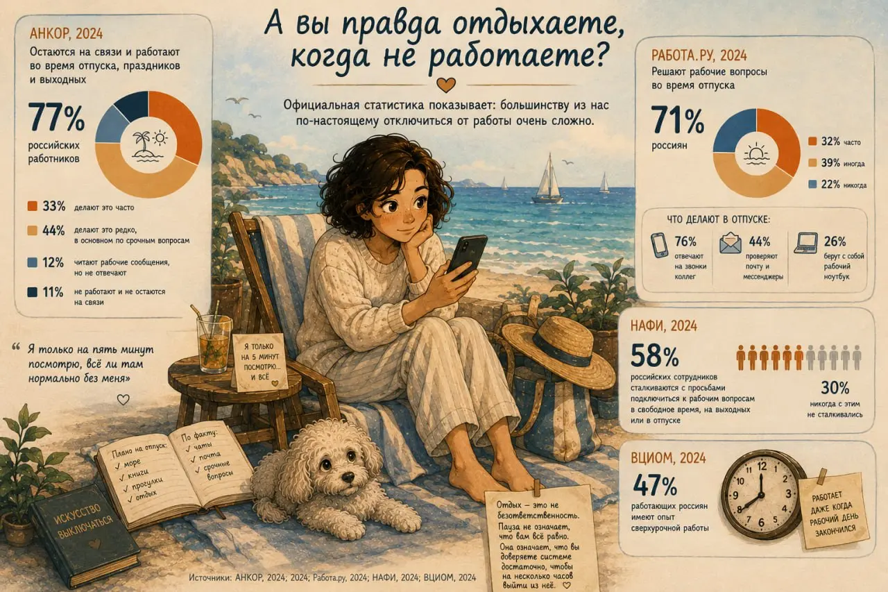 А вы правда отдыхаете, когда не работаете?
Можно уехать в отпуск, выключить ноутбук, приехать к морю - и всё равно мысленно оставаться на работе.
И статистика это подтверждает | Сетка — социальная сеть от hh.ru