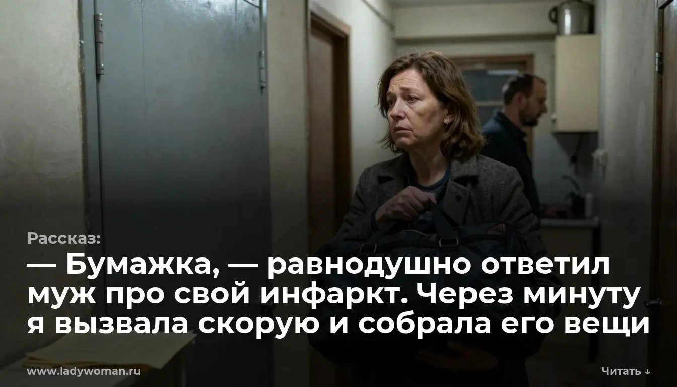 — Бумажка, — равнодушно ответил муж про свой инфаркт. Через минуту я вызвала скорую и собрала его вещи
Я достала из кармана его серой куртки скомканную желтую бумажку | Сетка — социальная сеть от hh.ru