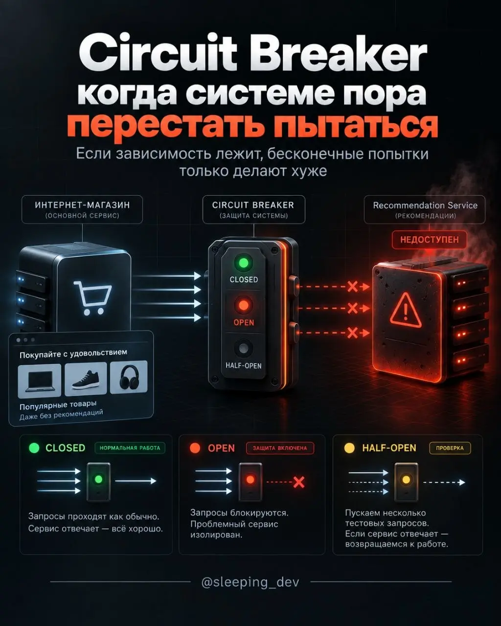 Circuit Breaker: когда системе пора перестать пытаться
Recommendation Service лежит | Сетка — социальная сеть от hh.ru