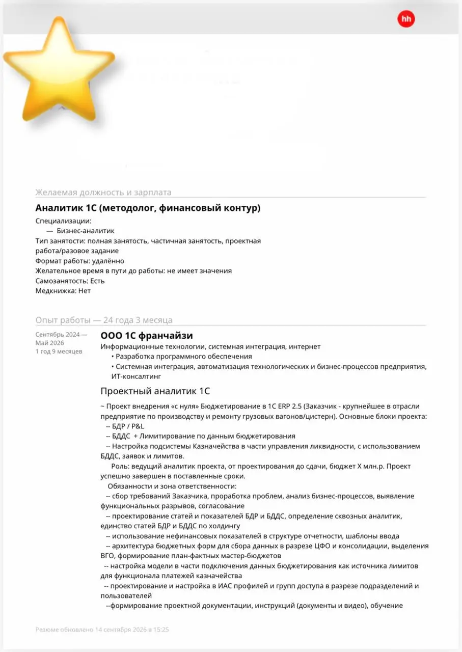 Еженедельная рубрика разбора резюме*
Основной запрос: переход из финансового директора в аналитика 1с с небольшим опытом | Сетка — социальная сеть от hh.ru
