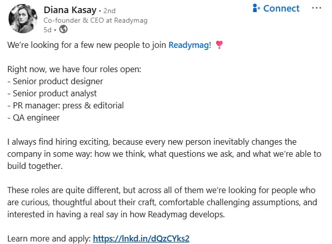 QA Engineer в Readymag
📍Remote
💎3+ года опыта, Good English
🚀Фаундер — Диана Касай
Readymag — no-code сервис для создания сайтов | Сетка — социальная сеть от hh.ru