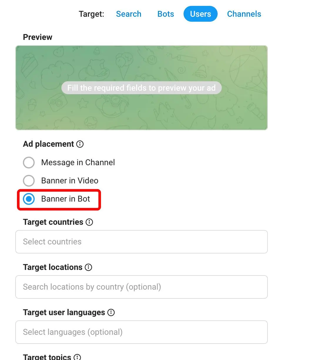 Тут в Телеграм Адс таргет на ботов подвезли
Он же и раньше был? Был)
Но теперь можно показываться в ботах по условиях географии + интересы.
То есть не в каждом боте отдельно, а в множестве ботов сразу | Сетка — социальная сеть от hh.ru