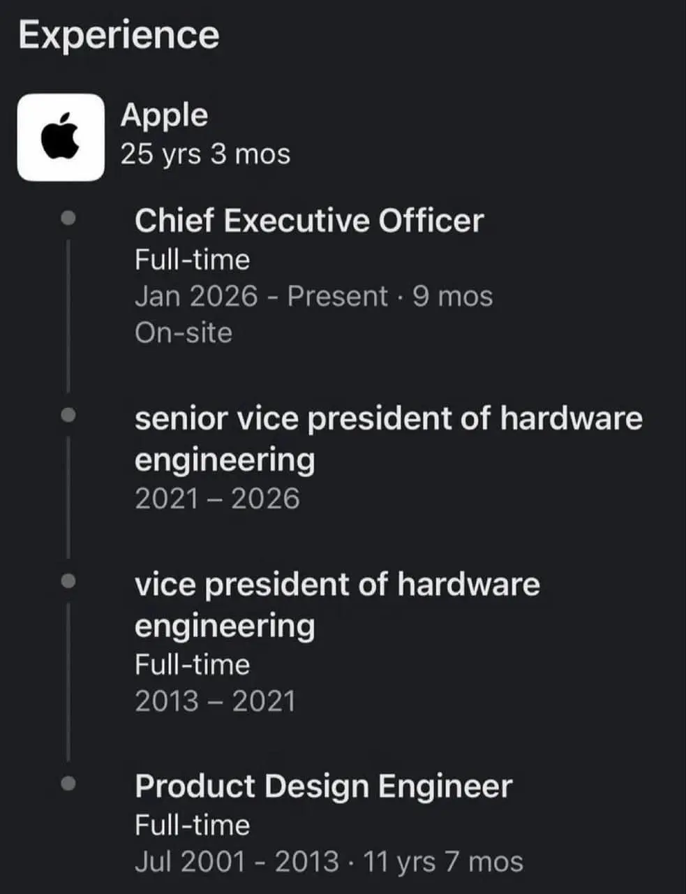 Вот вам фан-факт
Нынешний CEO Apple Джон Тернус изначально пришел в компанию как продуктовый дизайнер | Сетка — социальная сеть от hh.ru