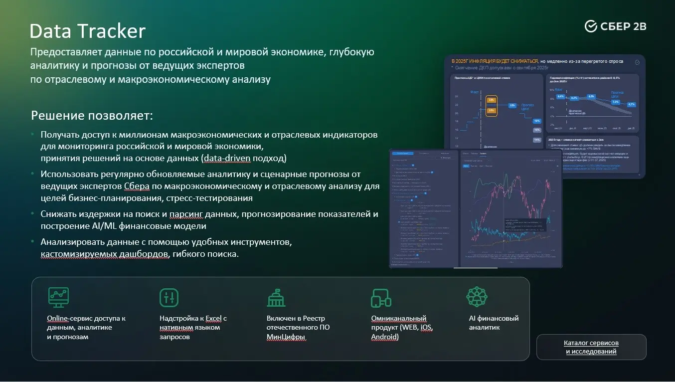 Data Tracker AI — макроэкономическая платформа, которая аккумулирует актуальные макроэкономические и отраслевые прогнозы от экспертов Сбера для стресс-тестирования и
бизнес-планирования | Сетка — социальная сеть от hh.ru