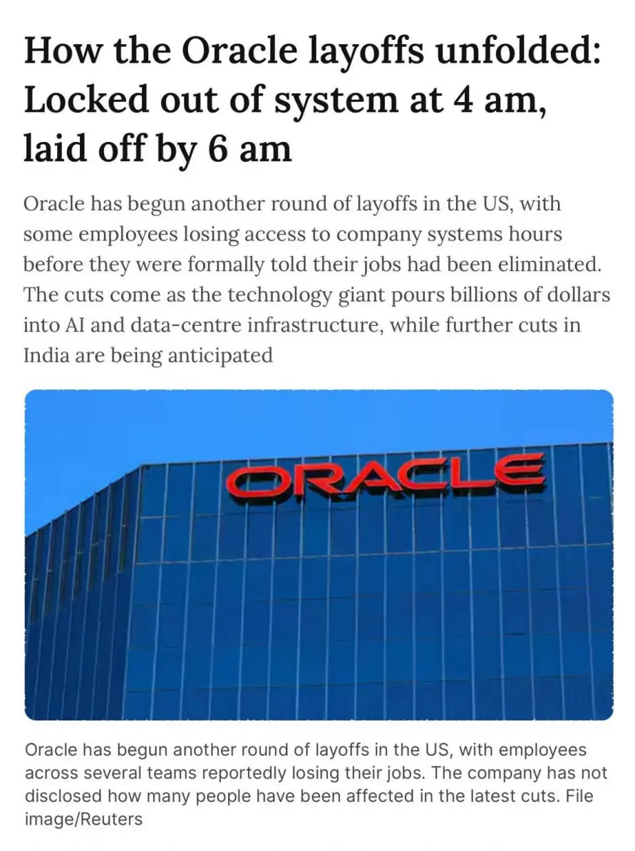 Самое безжалостное сокращение года. Компания Oracle уволила тысячи человек, уведомив их об этом в 6 утра. Это произошло в понедельник, 14 сентября | Сетка — социальная сеть от hh.ru
