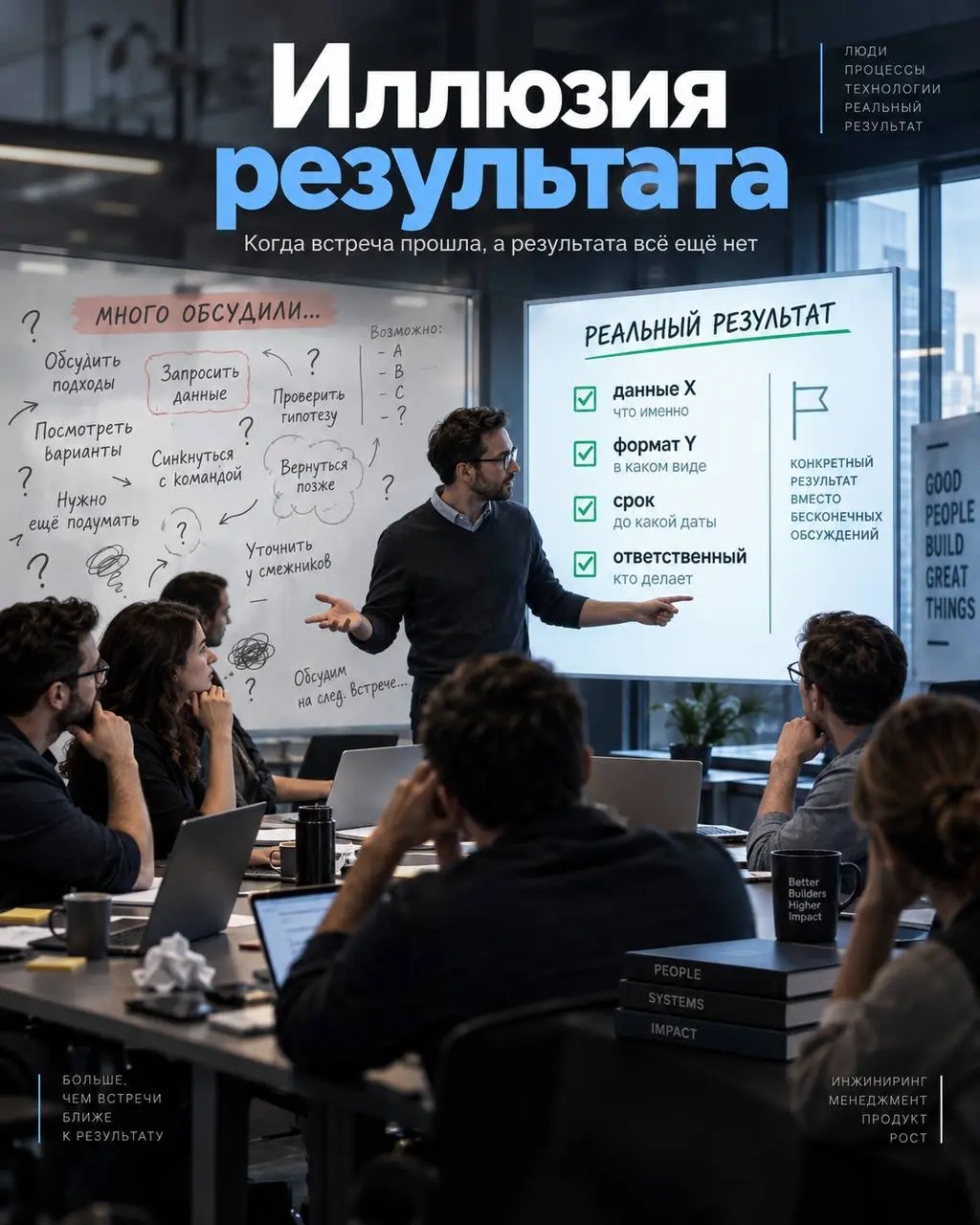 Иллюзия результата
Встреча.
Менеджер и 5–7 потенциальных исполнителей.
Классика.
Менеджер говорит:
«У нас скоро отчёт в ЦБ. Нужно подготовиться | Сетка — социальная сеть от hh.ru