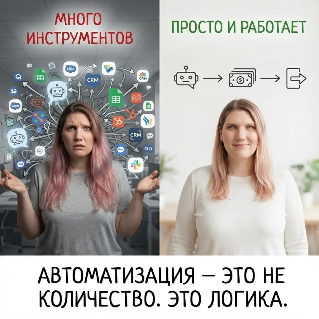 Чтобы автоматизировать бизнес, не нужно подключать 17 сервисов 🛠
Иногда я смотрю на настройку и вижу:
бот - таблица - CRM - ещё одна таблица - сервис оплат - интегратор - ещё один сервис "на всякий сл... | Сетка — социальная сеть от hh.ru
