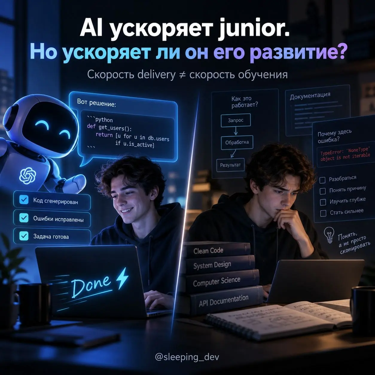 AI ускоряет junior. Но ускоряет ли он его развитие?
Мы уже знаем, что AI способен ускорять выполнение задач. Но скорость delivery и скорость обучения — разные метрики | Сетка — социальная сеть от hh.ru