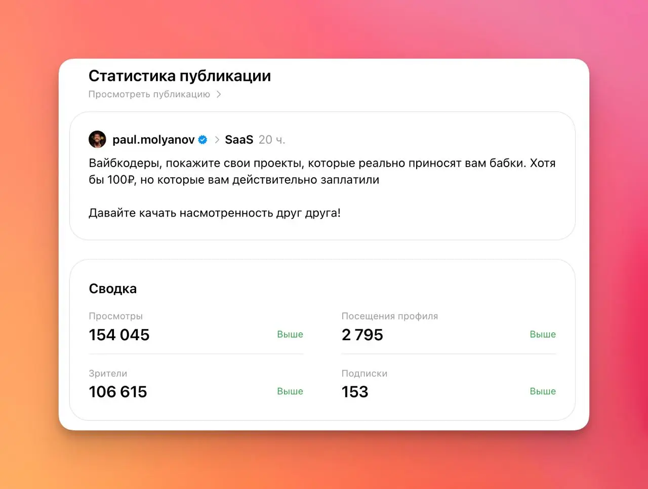 Ну и вот наглядная демонстрация, как в Тредсах охваты собирать.
Постите что-то, где люди смогут себя прорекламить, первыми сообщениями сами себя тоже рекламите, подавая им пример
???
Profit! | Сетка — социальная сеть от hh.ru