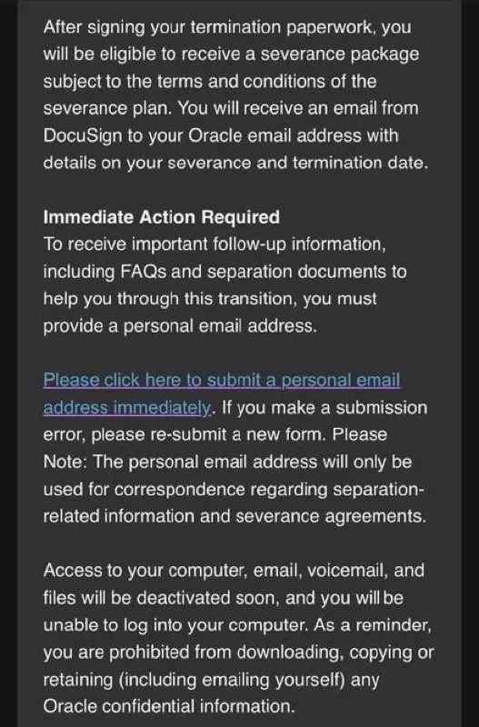 ИИ забирает рабочие места в Oracle — в понедельник компания одним днем уволила ТЫСЯЧИ сотрудников.
Письмо счастья они получили около 6 утра, доступ в систему забрали еще в 4-5 утра | Сетка — социальная сеть от hh.ru