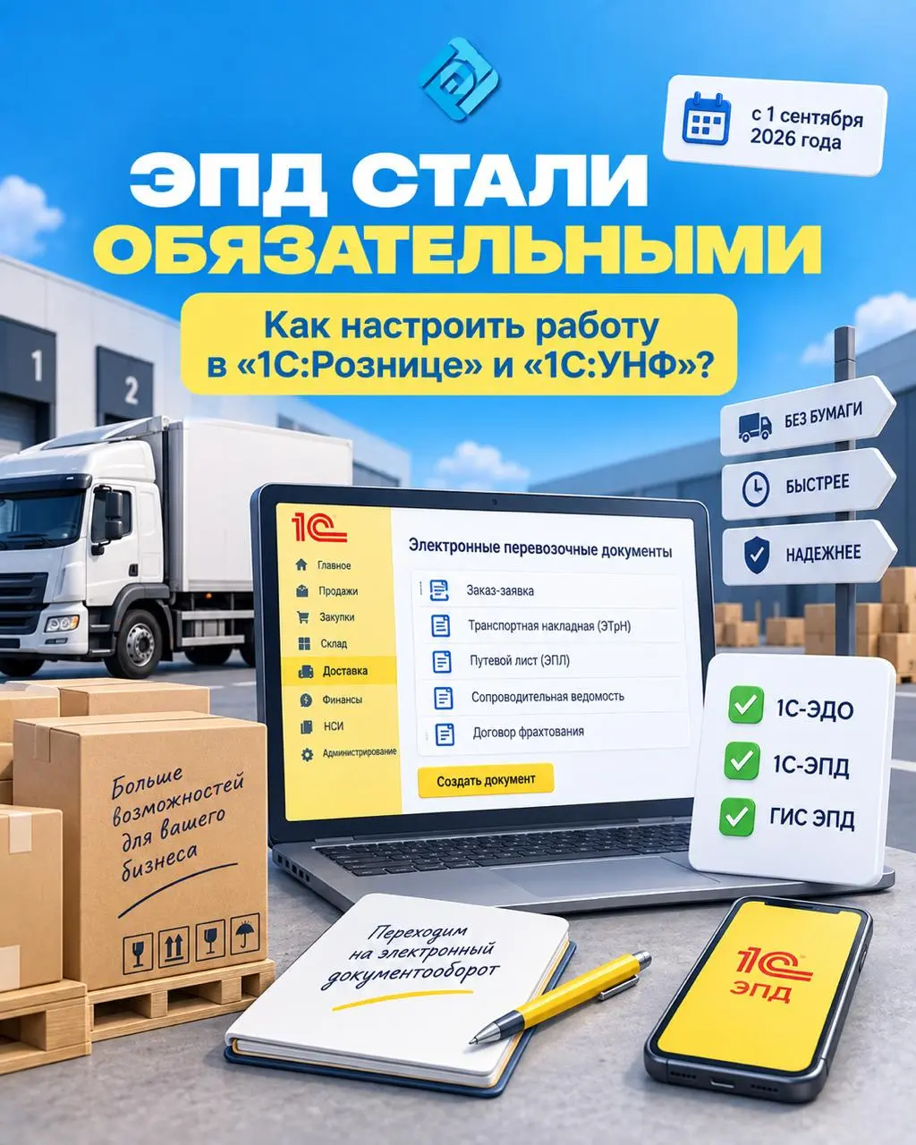 ЭПД стали обязательными: как настроить работу в «1С:Рознице» и «1С:УНФ» 🚚
С 1 сентября 2026 года для ряда коммерческих грузоперевозок переход на электронные перевозочные документы стал обязательным | Сетка — социальная сеть от hh.ru