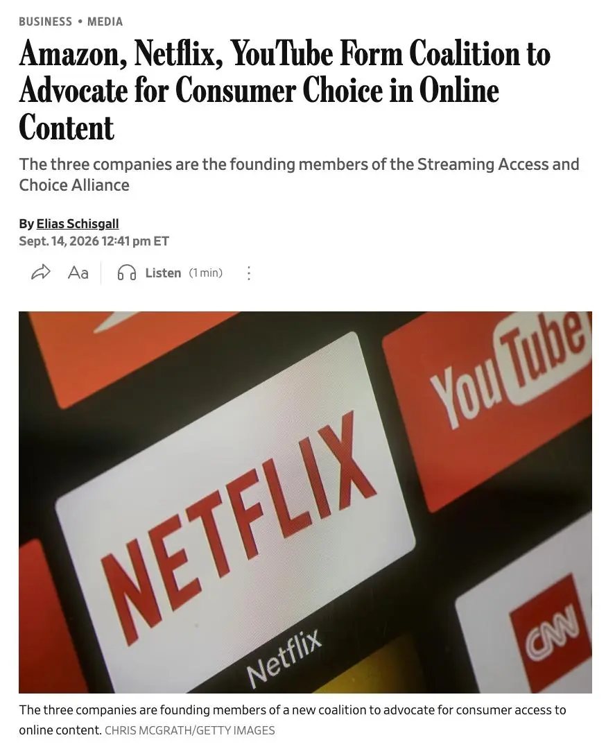 Amazon, Netflix и YouTube объединились и создают политическое лобби.
Эти 3 компании создали Streaming Access and Choice Alliance | Сетка — социальная сеть от hh.ru