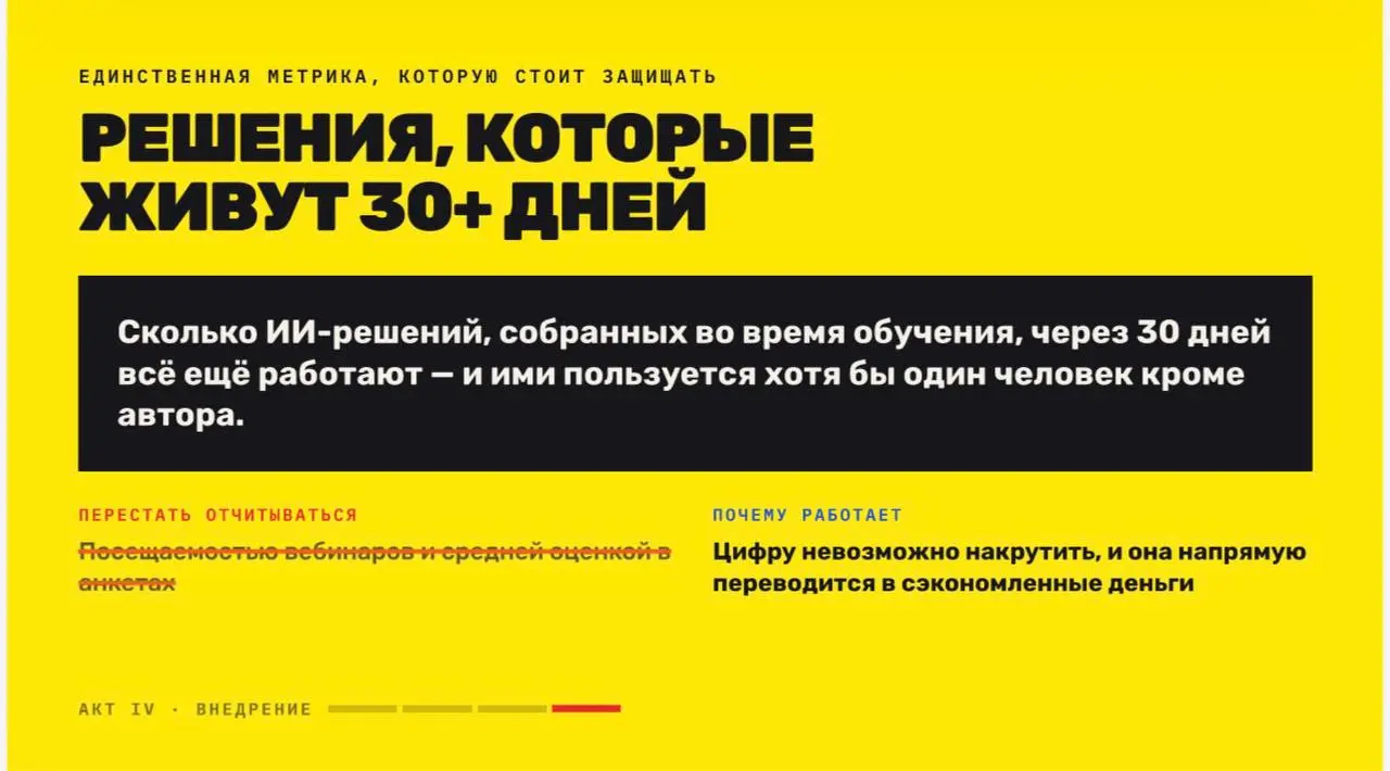 Вчера выступала на ИИ.Elements, слайды в посте. Расскажу на чем основаны.
Долго я мерила обучение так же, как все: пришли ли люди, понравилось ли им. У нас был поток, который поставил 9,2 из 10 | Сетка — социальная сеть от hh.ru