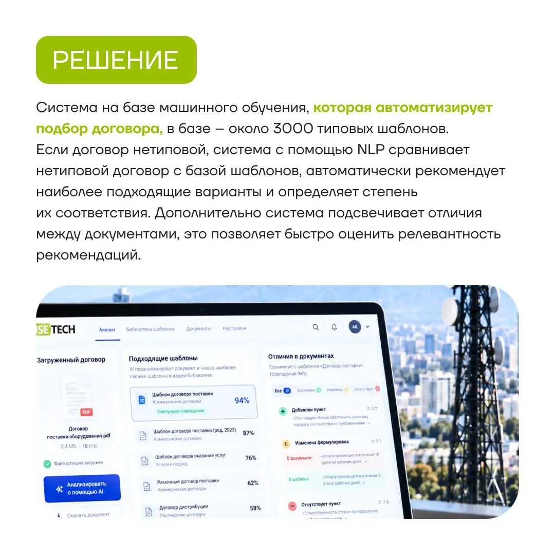 Продолжаем рассказывать про проекты ГК «Юзтех». 🔥
В карточках – про систему на базе машинного обучения, которая автоматизирует подбор договора, в базе около 3000 типовых шаблонов. 🚀 | Сетка — социальная сеть от hh.ru