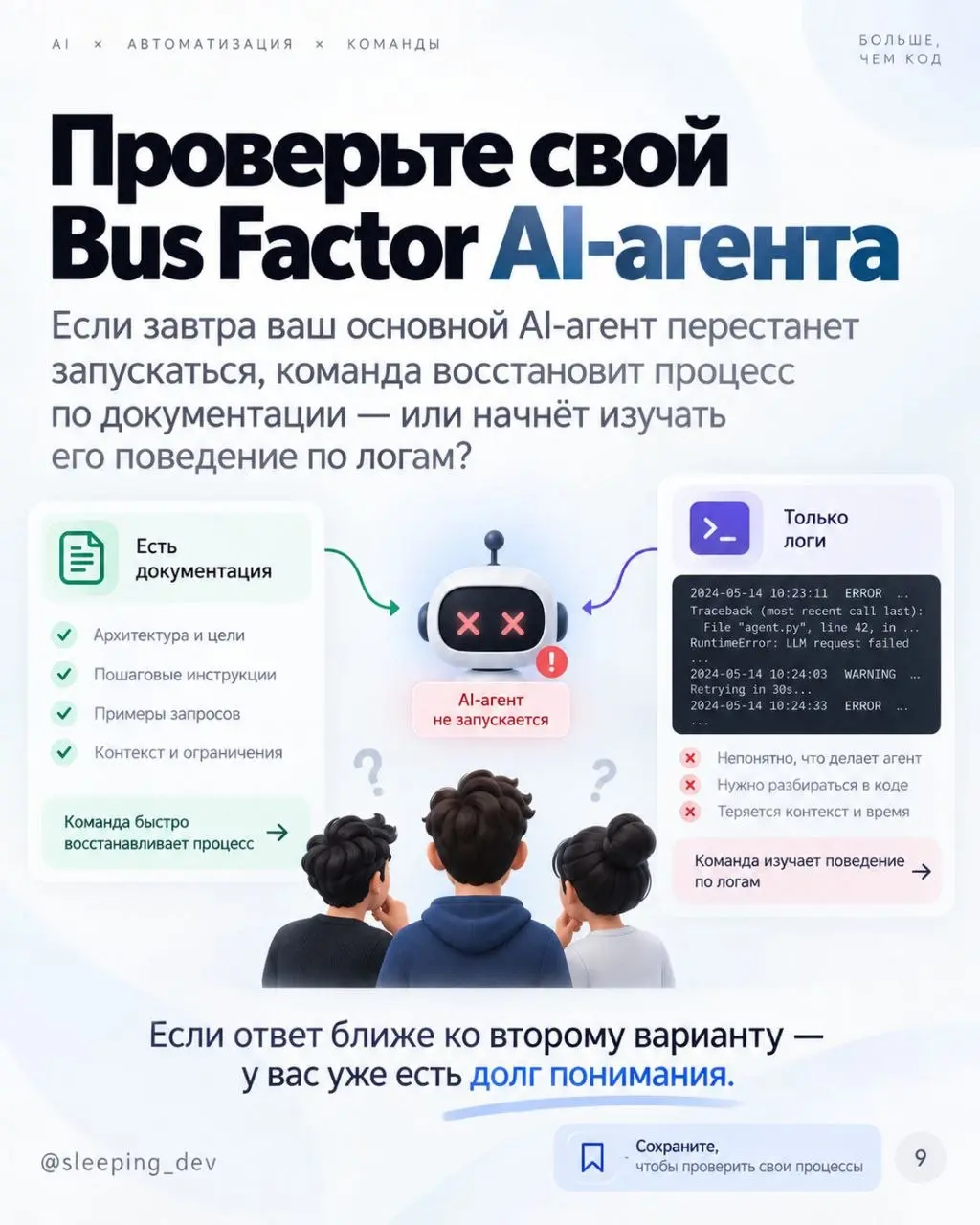Bus Factor AI-агента: кто понимает процесс, кроме него
Всю неделю мы говорили о долге понимания в коде. Но с AI он появляется не только там.
Представим, команда автоматизировала процесс через агента | Сетка — социальная сеть от hh.ru