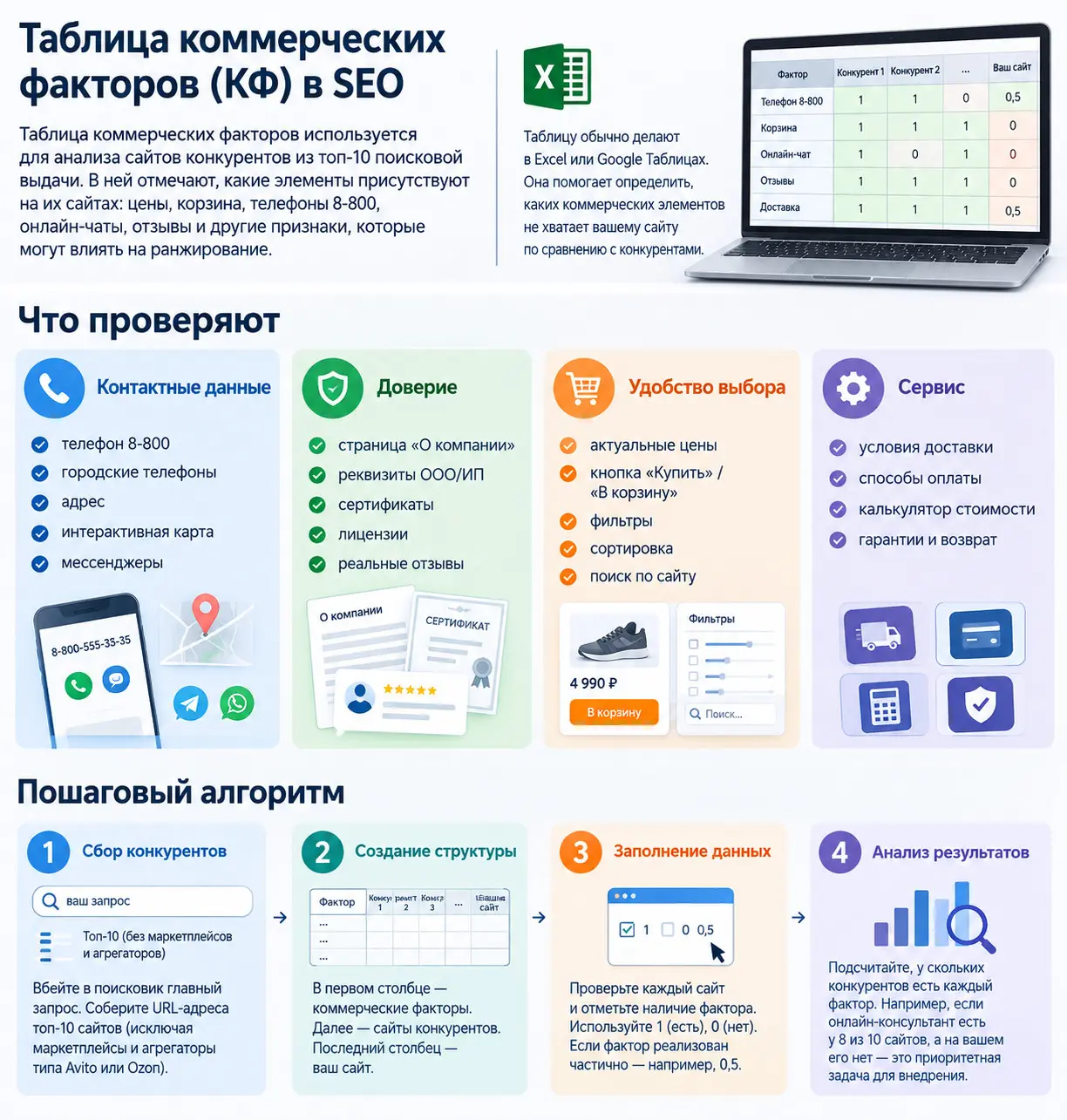 Таблица коммерческих факторов (КФ) в SEO
В SEO таблица коммерческих факторов используется для анализа сайтов конкурентов, которые находятся в топ-10 поисковой выдачи | Сетка — социальная сеть от hh.ru