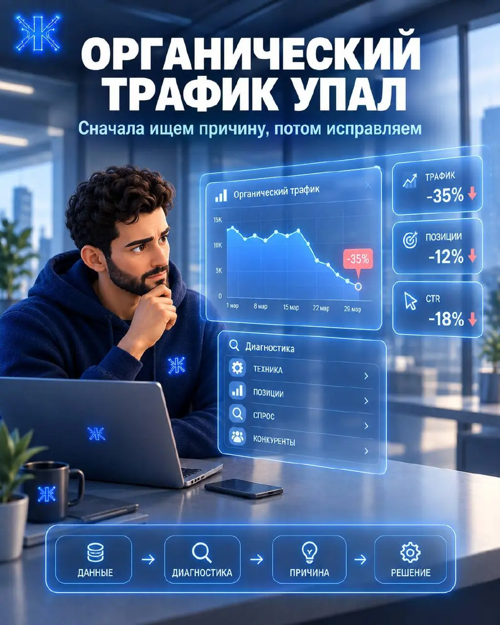 🚨 Органический трафик резко упал. Что делать?
Самая частая ошибка SEO-специалиста в этот момент - сразу бежать переписывать страницы, менять Title и закупать ссылки | Сетка — социальная сеть от hh.ru