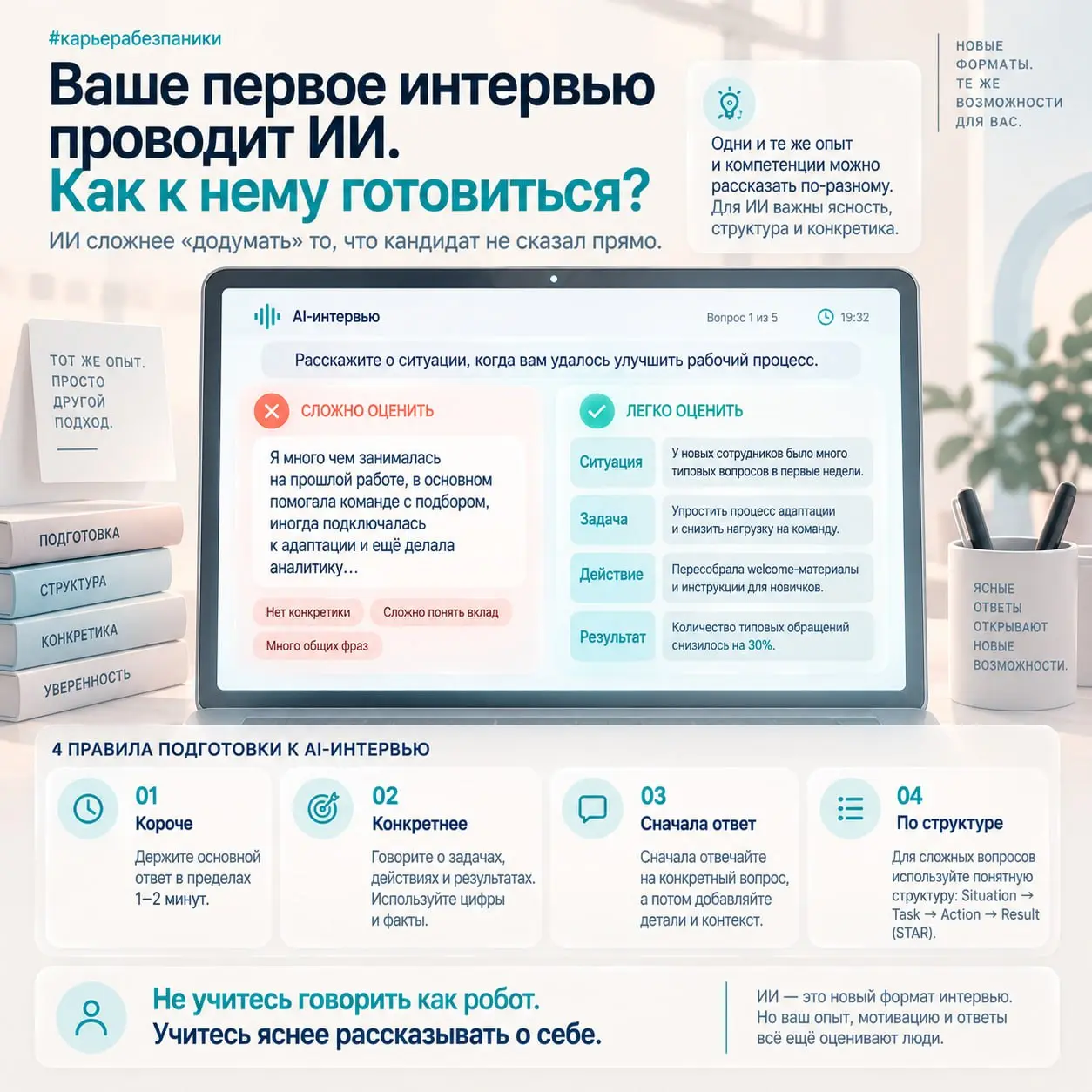 🫂Ваше первое интервью проводит ИИ. Как к нему готовиться?
В начале недели мы говорили о том, что 53% кандидатов уже готовы проходить собеседование с ИИ | Сетка — социальная сеть от hh.ru