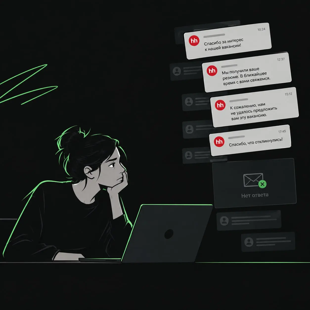 #КарьераGreenCore
Кажется, что откликнуться на вакансию на HH — дело пяти минут.
Нашёл подходящую позицию, открыл сопроводительное, написал пару нормальных абзацев, прикрепил резюме, отправил | Сетка — социальная сеть от hh.ru