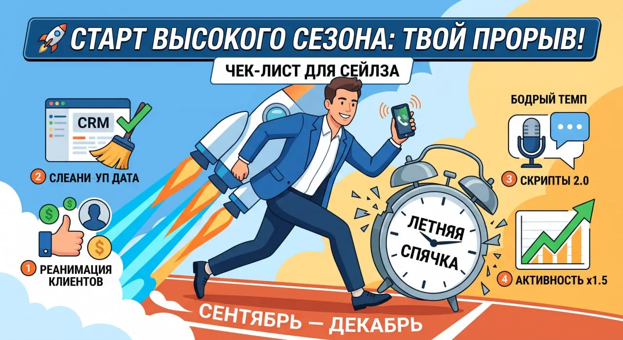 🚀 Как выйти из спячки и не слить высокий сезон: чек-лист для сейлза
Лето официально всё ❌
Клиенты вернулись на связь, бюджеты разморожены, и впереди — самое денежное время в году | Сетка — социальная сеть от hh.ru