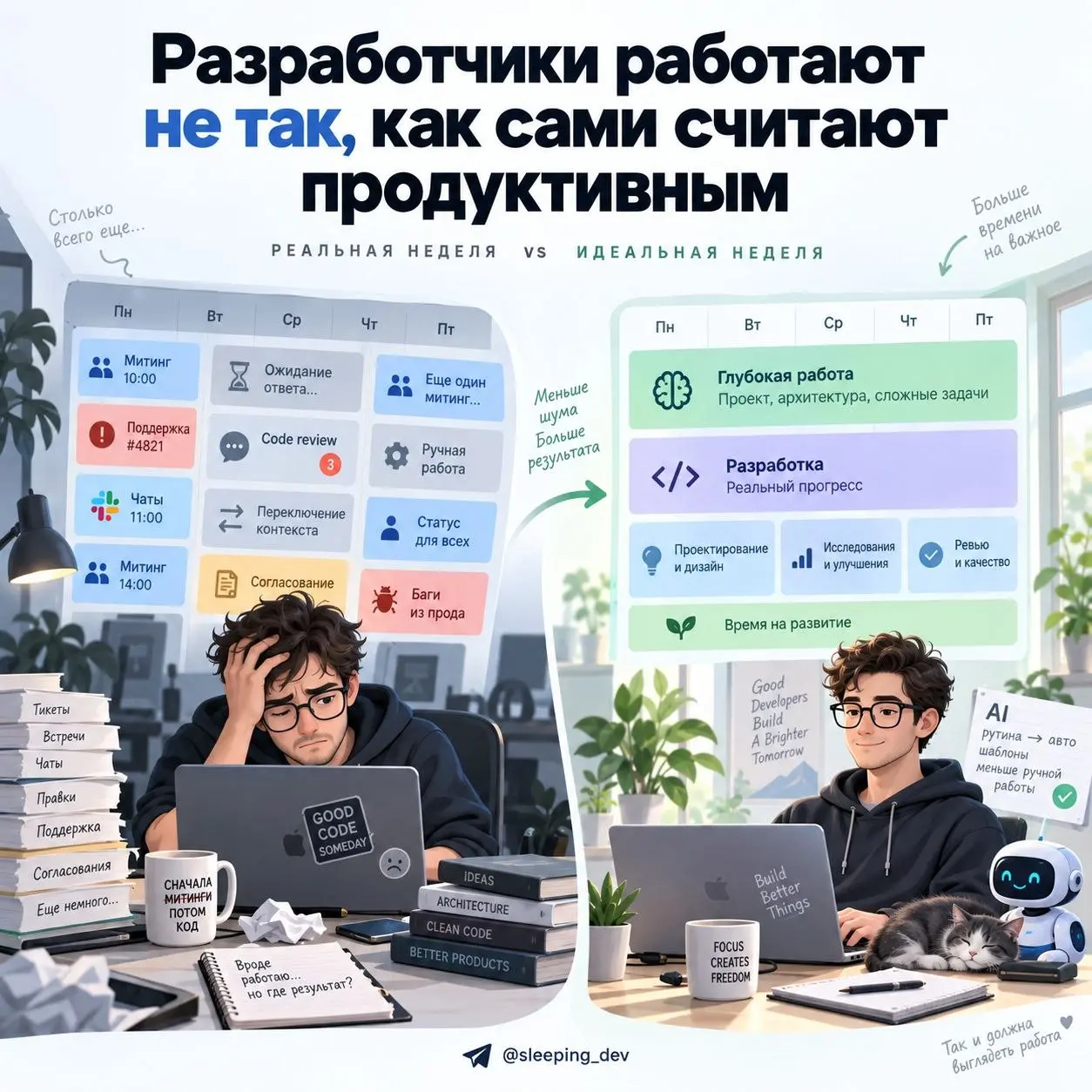 Разработчики работают не так, как сами считают продуктивным
Мы привыкли обсуждать productivity через результат:
— сколько задач завершили;
— сколько времени занимает delivery;
— сколько PR закрыли | Сетка — социальная сеть от hh.ru