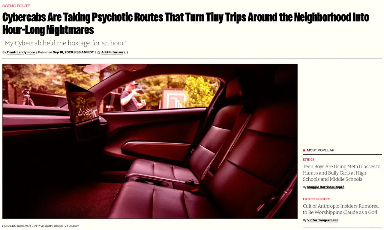 Кричим: пассажир Cybercab от Tesla в Остине пожаловался, что роботакси сначала увезло его в противоположном направлении, потом сделало огромный крюк через весь район, и по итогу 10-минутная поездка пр... | Сетка — социальная сеть от hh.ru