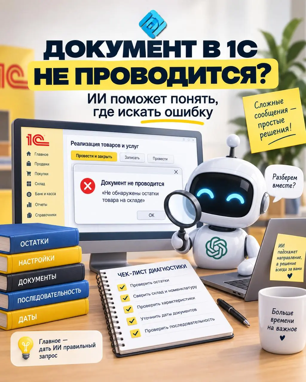 Документ в 1С не проводится? ИИ поможет понять, где искать ошибку 🤖
«Не обнаружены остатки», «нарушена последовательность», «операция не выполнена» — сообщения 1С не всегда сразу дают понять, в чем им... | Сетка — социальная сеть от hh.ru