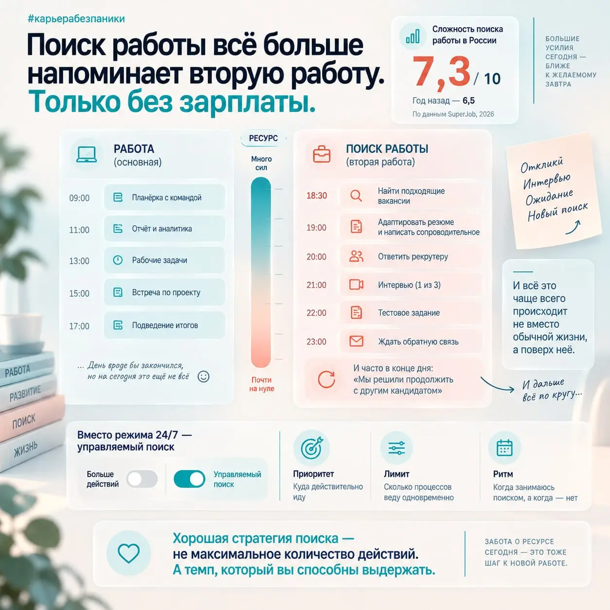 🔍 Поиск работы всё больше напоминает вторую работу. Только без зарплаты
Недавно увидела интересную цифру: по данным SuperJob, россияне оценивают сложность поиска работы уже на 7,3 из 10 | Сетка — социальная сеть от hh.ru