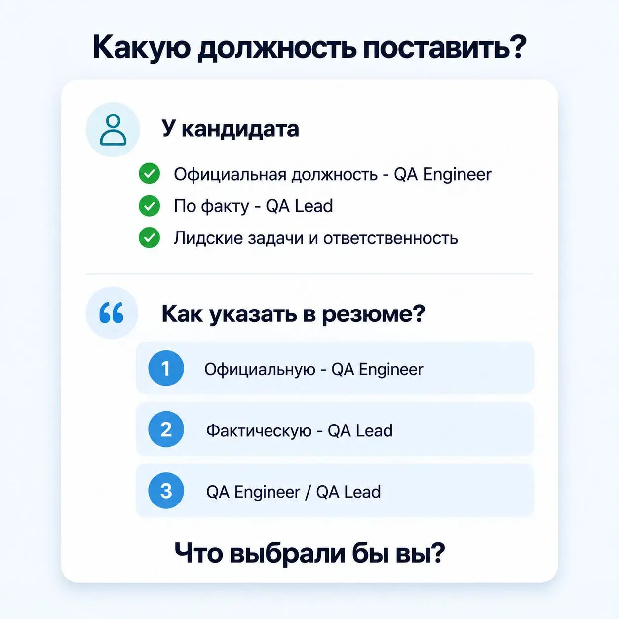 Должность в компании называлась QA Engineer.
По факту вы были QA Lead | Сетка — социальная сеть от hh.ru
