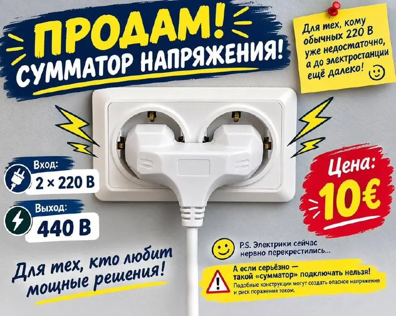 Продам сумматор напряжения.
Специализированная вилка для одновременного подключения в два гнезда по 220 В.
На выходе дает 440 В для мощных приборов | Сетка — социальная сеть от hh.ru