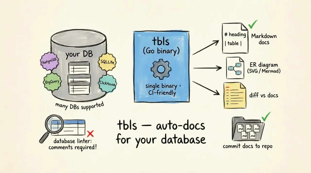 https://github.com/k1LoW/tbls
tbls — это утилита с открытым исходным кодом, написанная на языке Go, которая предназначена для автоматического документирования баз данных | Сетка — социальная сеть от hh.ru