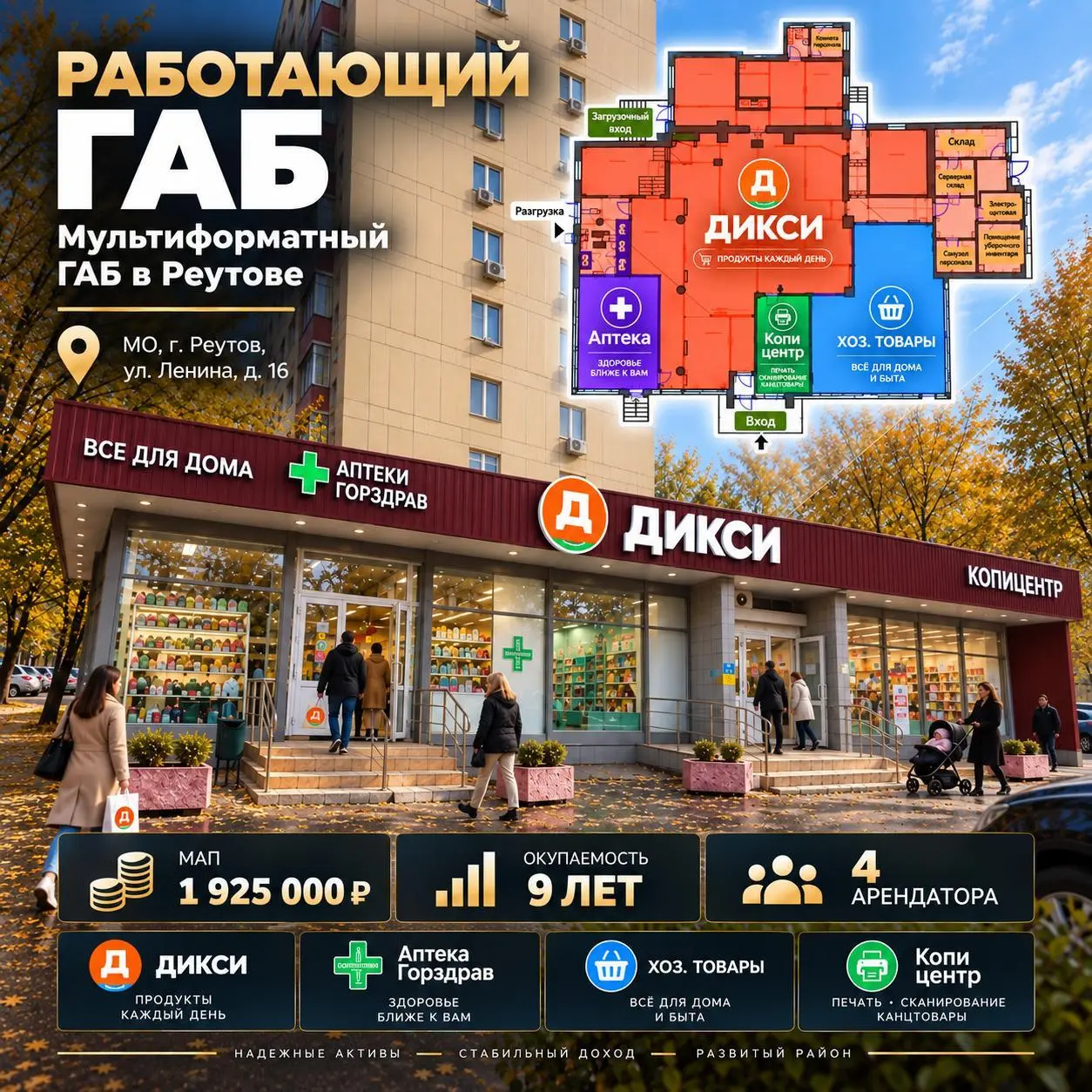 Работающий ГАБ Мультиформатный ГАБ в Реутове — 4 арендатора, мап 1 925 000 окупаемость 9 лет.
🔹 Местоположение: 1 км МКАД , г. Реутов, ул. Ленина, д | Сетка — социальная сеть от hh.ru