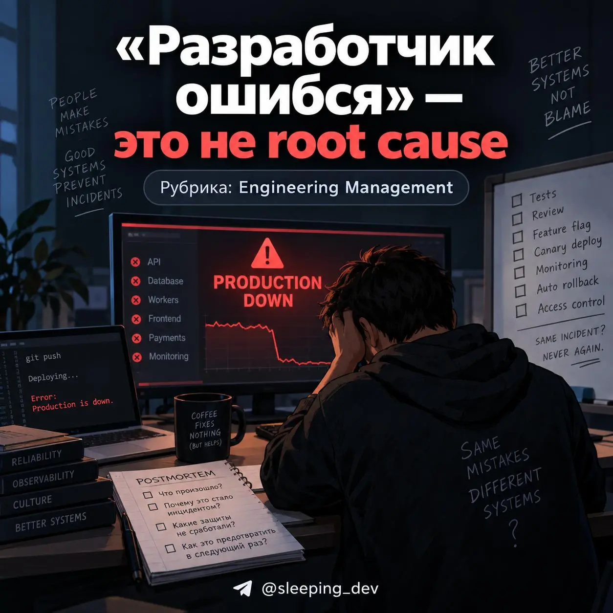 «Разработчик ошибся» — это не root cause
Production упал.
Нашли проблемное изменение. Нашли автора. Зафиксировали причину инцидента:
«Разработчик допустил ошибку» | Сетка — социальная сеть от hh.ru