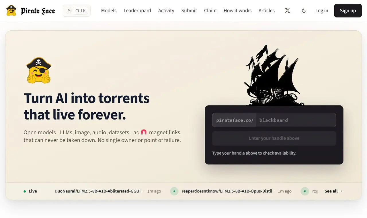 Для нейронок запустили свой Pirate Bay — Pirate Face
Сайт собирает сотни тысяч ИИ-моделей с Hugging Face: код, текст, изображения, видео, аудио, 3D, озвучка и многое другое | Сетка — социальная сеть от hh.ru