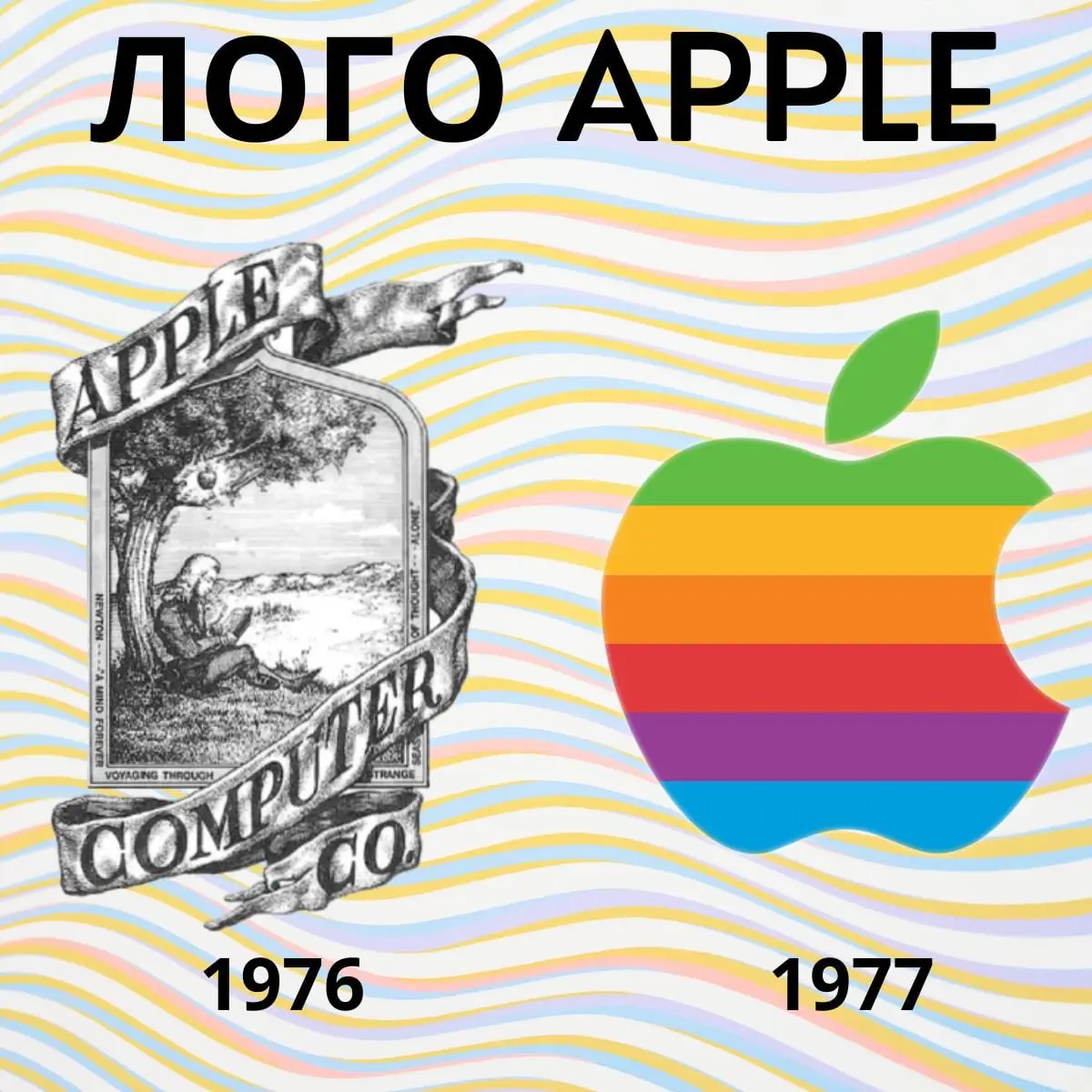 Многие думают, что первая версия лого Apple выглядит как на картинке справа, то есть разноцветная версия. Но самый первый лого выглядел как слева | Сетка — социальная сеть от hh.ru
