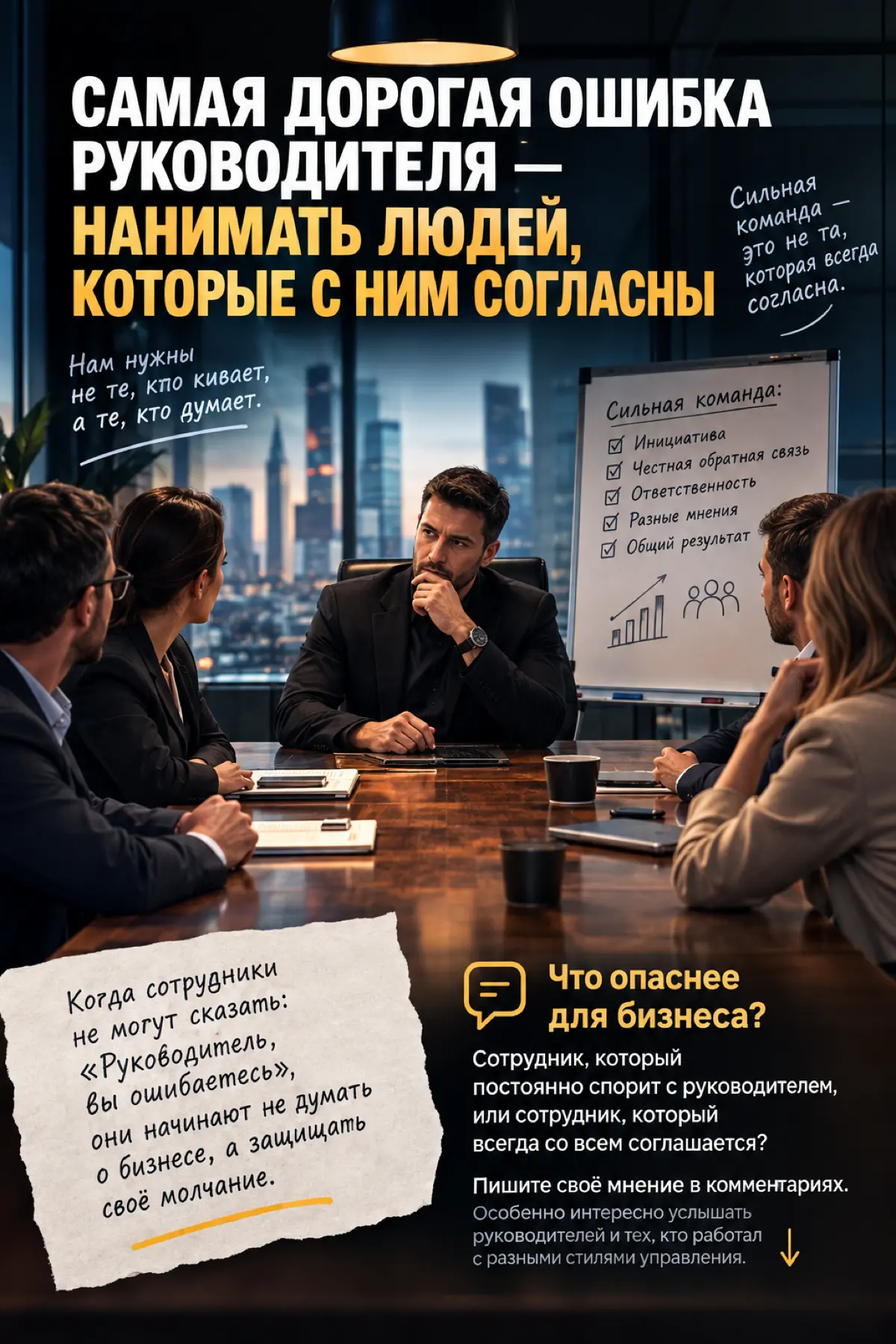 🔥 Самая дорогая ошибка руководителя — нанимать людей, которые с ним согласны
Руководитель задаёт вопрос на совещании:
— Коллеги, какие будут предложения?
В кабинете тишина | Сетка — социальная сеть от hh.ru