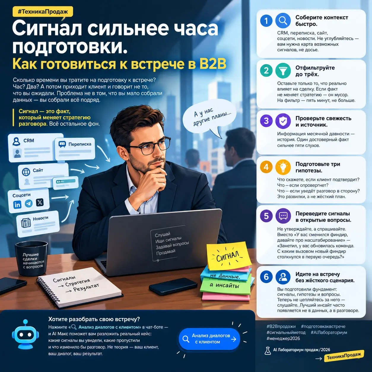 #ТехникаПродаж
СИГНАЛ СИЛЬНЕЕ ЧАСА ПОДГОТОВКИ | КАК ГОТОВИТЬСЯ К ВСТРЕЧЕ В B2B
Забирайте гайд из 6 шагов для успешной подготовки к встречам!👍
Хотите разобрать свою встречу? Нажмите 🔍 Анализ диалогов с... | Сетка — социальная сеть от hh.ru